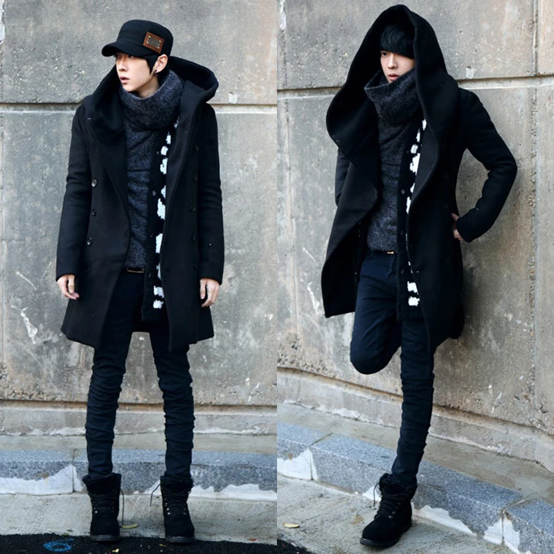 2017 Осень Зима корейский стиль с капюшоном Тренч для мужчин Slim Fit двойная кнопка