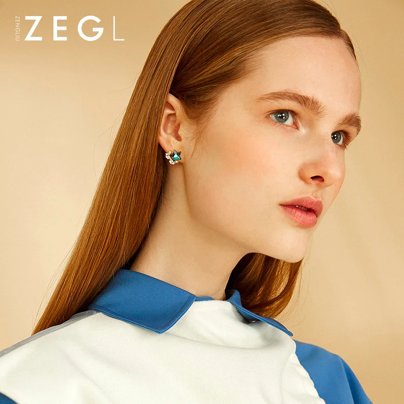 Женские серьги с пентаграммой ZEGL2020 синие Серьги драгоценными камнями цветные