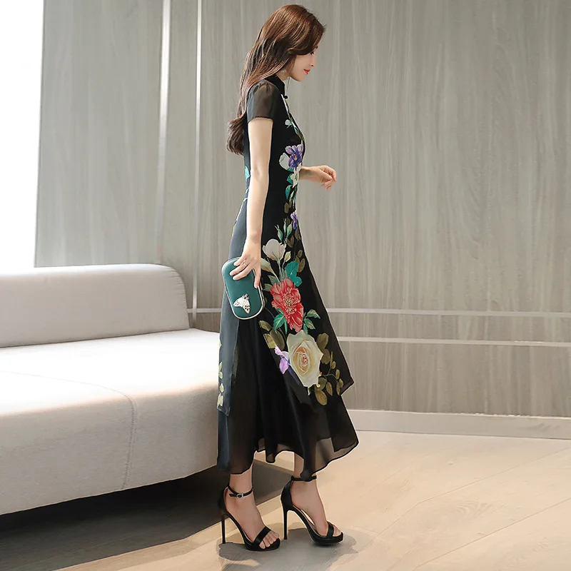 

2019 summer new slim temperament stand collar long chiffon dress female high quality fashion party beach elegant vestidos