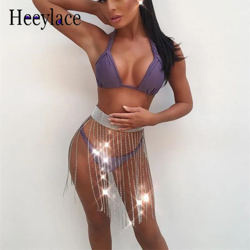 2018 Glitter Gold Diamonds Mini Skirt sexy Bodycon Sequin Tassel Crystal women shinning Party Club Skirts Birthday Outfits | Женская