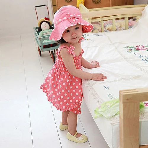 Девочка Розовый Точка Экипировка Костюм 3 шт. Dress + Трусики Шляпа Набор Детей
