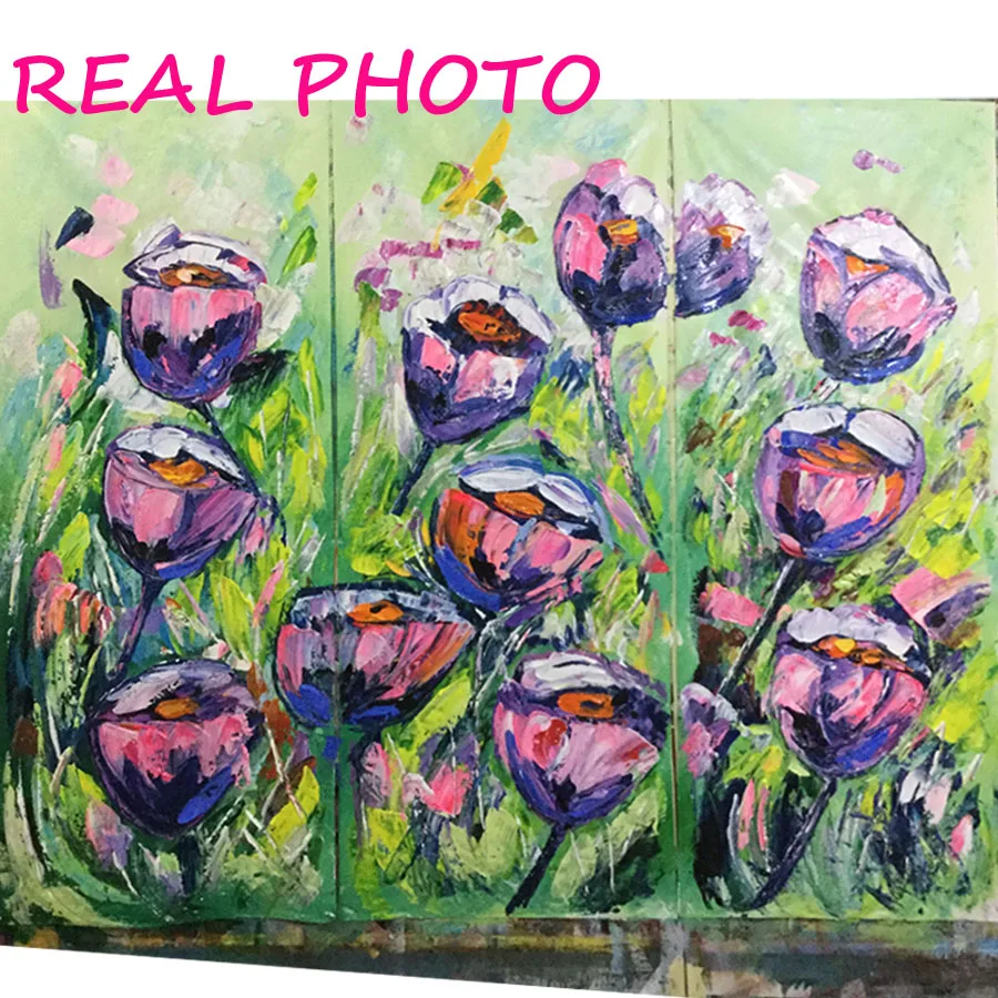 Ручная роспись большой цветок фиолетовые розовые розы Масляные картины триптих