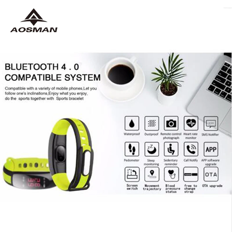 Aosman Бесплатная лентой Новый Спорт Smart Watch измерять кровяное давление пульсометр