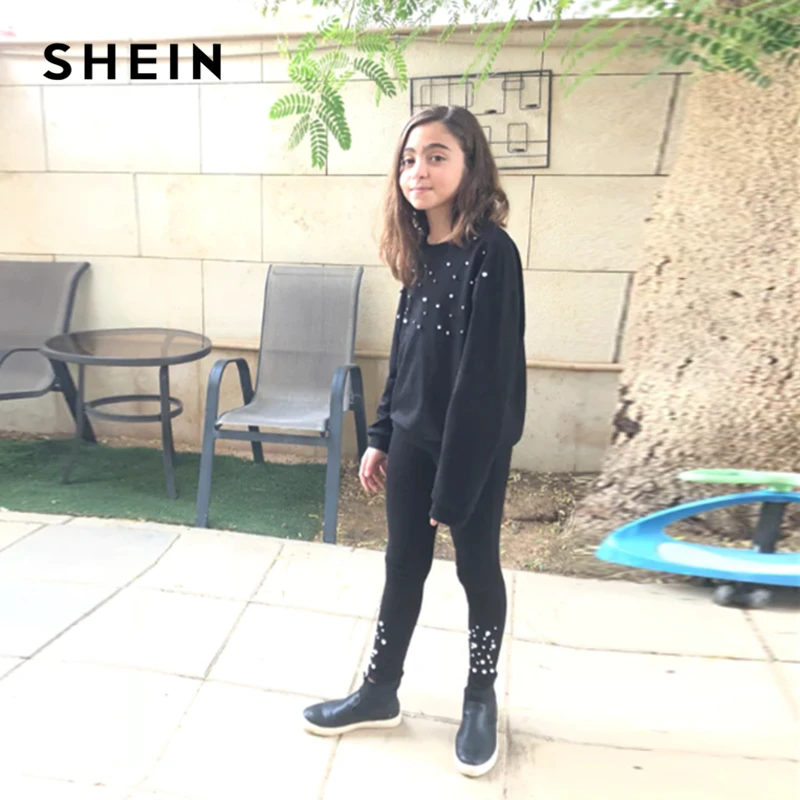 SHEIN/Черные Эластичные зауженные повседневные брюки с высокой талией и жемчужинами для девочек; леггинсы для девочек; коллекция года; сезон весна; модные милые узкие брюки для детей