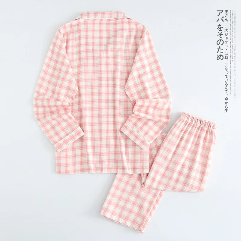 

New 100% Cotton Yarn-dyed Couple Long Sleeve Pajamas Plaid Turn-down Collar Short Sleeve for Men and Women Pyjamas Home Pijama