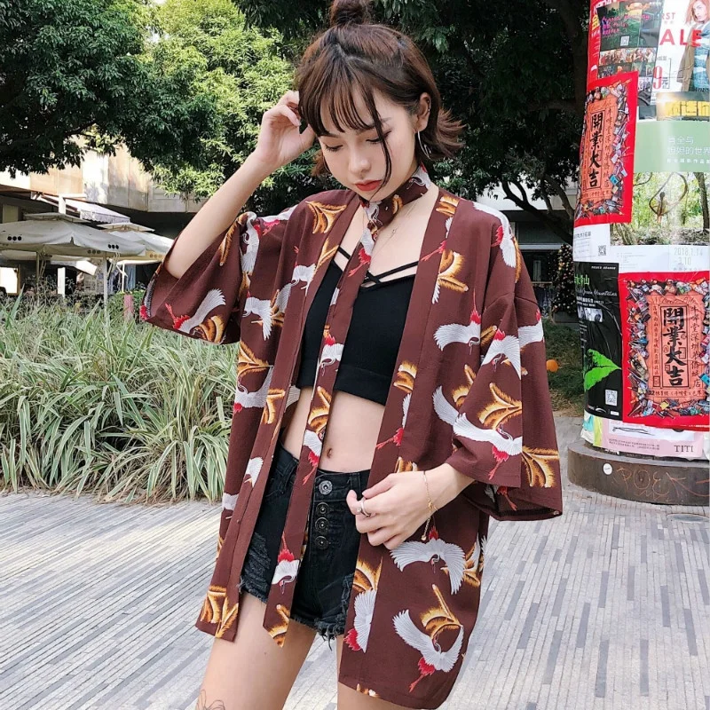 Harajuku летняя Новинка корейский Ulzzang журавль принт юката кимоно верхняя одежда