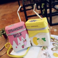personality milk box shape shoulder bag strawberry lemon printed drink bottle shape bag with straw femle mobile phone bags