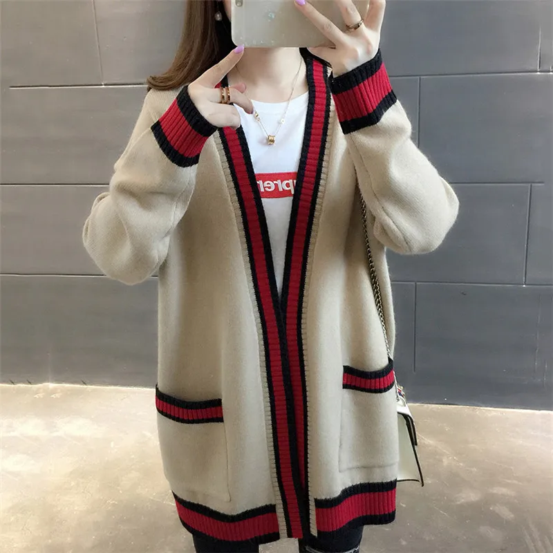 light brown Весна женский вязаный кардиган Повседневная Корейская версия длинный трикотаж осень свободный v-образный вырез длинный рукав свитер пальто Lj342 - Цвет: light brown