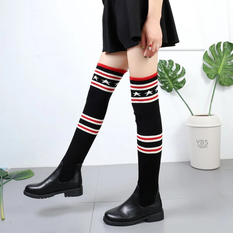 Для женщин Сапоги выше колена модные носки полусапожки на платформе эластичной