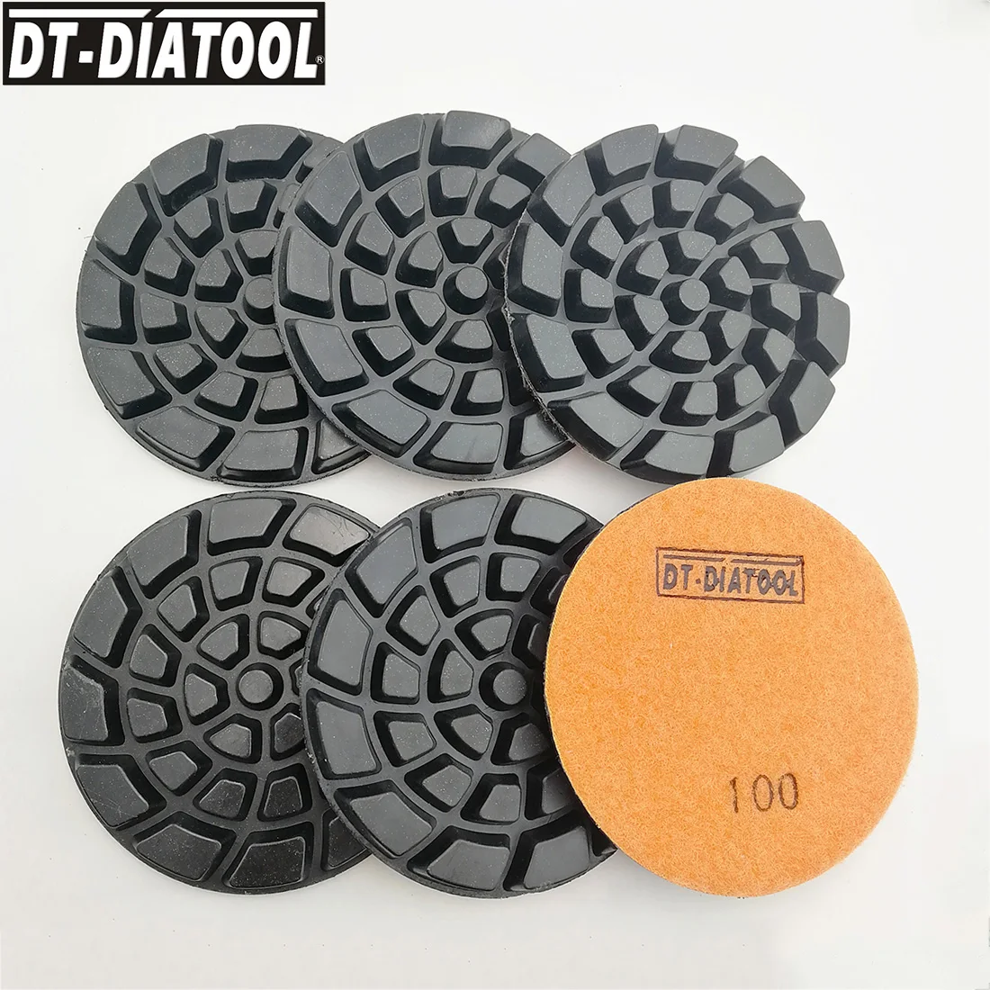 DT-DIATOOL 6шт/уп Диаметр 4"/100мм Алмазные полировальные насадки Resin Bond для бетонных поверхностей Grit100 с нейлоновой основой для шлифовки террazzo пола.