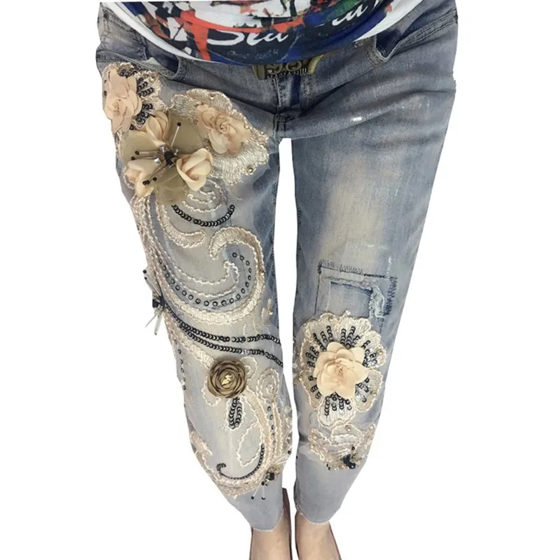 Роскошные джинсы для женщин джинсовые брюки-карандаш эластичные кружевные узкие