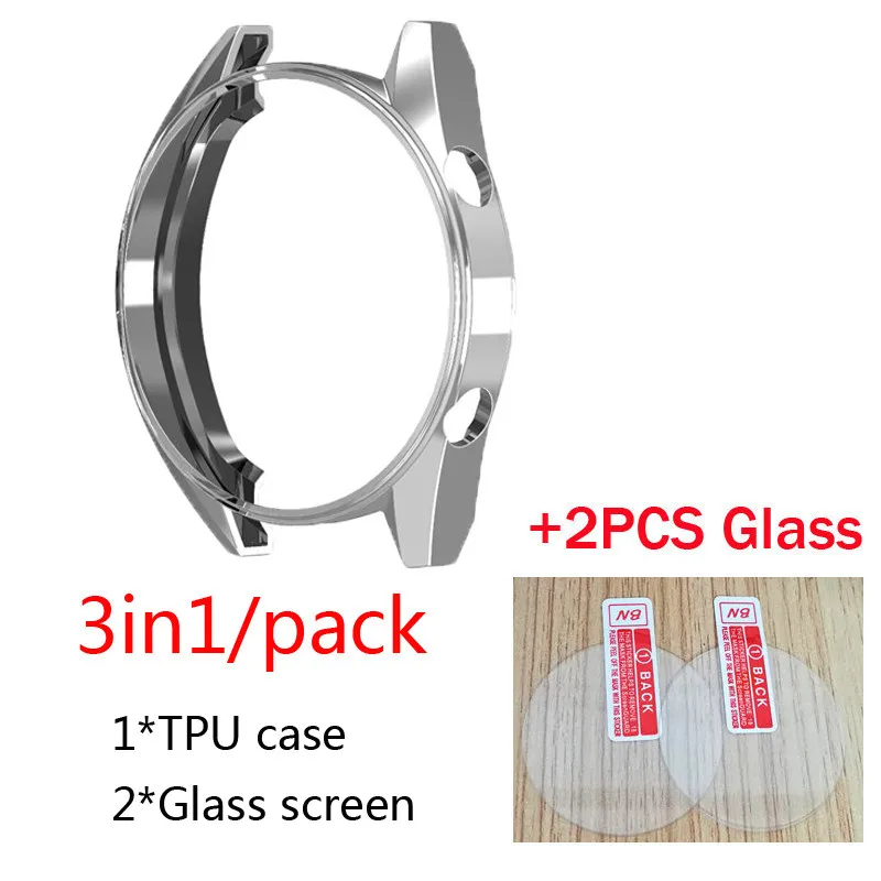 TPU Silver 2в1 для huawei Watch GT чехол силиконовый чехол+ 2 шт 9H 2.5D Защитное стекло для экрана часы gt аксессуары для умных часов - Цвет: TPU Silver