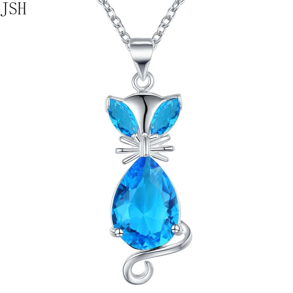 For women lady silver color fashion CZ STONE wedding elegant kitten red blue crystal necklace charms Best Gift cute AN757 | Украшения и