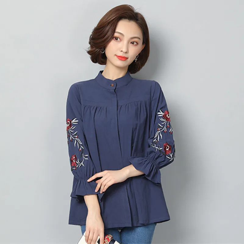 2018 женские блузки с цветочной вышивкой и рукавом рубашки Женская Повседневная