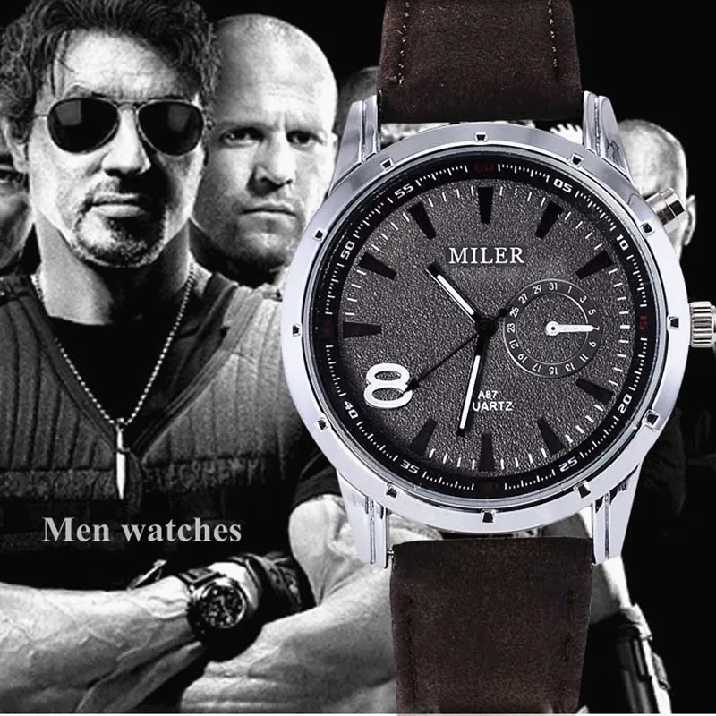 Мужские часы из искусственной кожи спортивные кварцевые с круглым