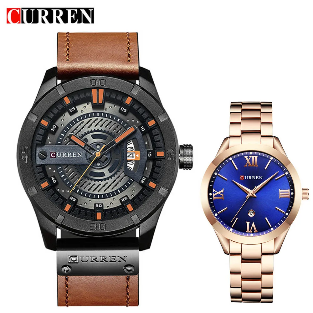 orange Curren Роскошные, брендовые Пара часы от топ бренда, роскошные золотые Сталь, кожаный ремешок, кварцевые часы, мужские часы с Для женщин Для мужчин любителей комплект часов, мужские часы - Цвет: orange