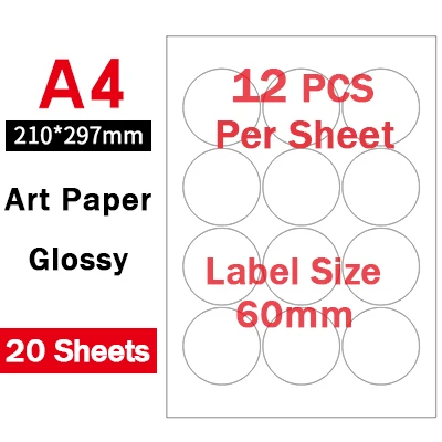 60mm Glossy White А4 круглые наклейки, высеченные Листы А4, глянцевая белая/крафт-бумага клейкая наклейка s для лазерных/струйных принтеров, 20 листов - Цвет: 60mm Glossy White