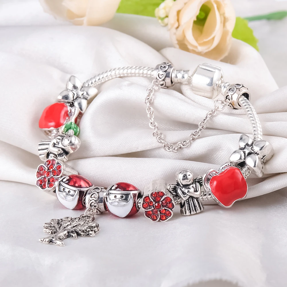 Beagloer Antique Silver Charm Bracelet &amp Bangle with Red Enamel/Crystal Ball Women Party 2017 Christmas Gift Jewelry PCBR0248 |