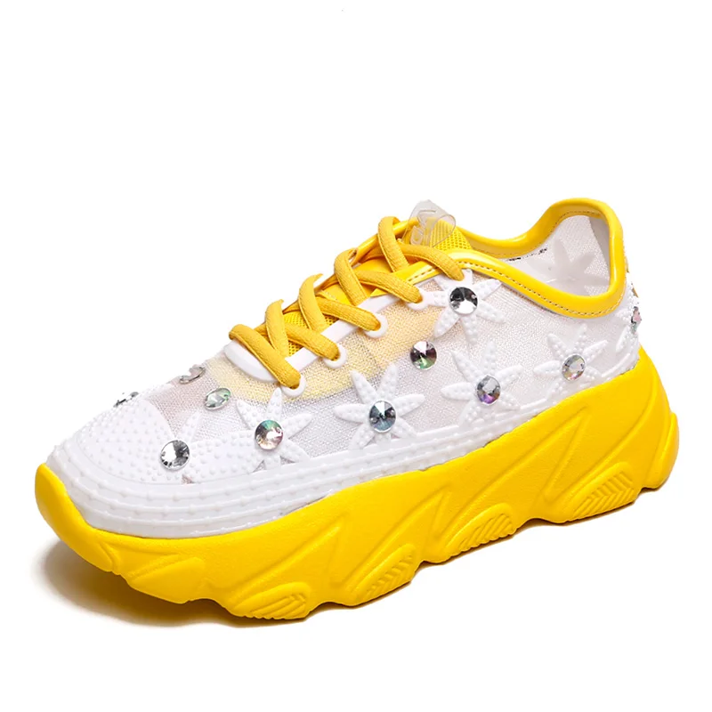 MESH Yellow Белые кроссовки на платформе; женская обувь для бега; кроссовки со стразами; дышащая прогулочная обувь; женская спортивная обувь для бега; женская обувь; Размеры 35, 41 - Цвет: MESH Yellow