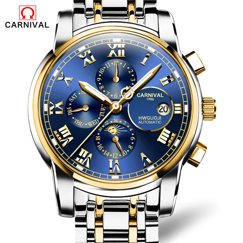 

CARNIVAL Top Brand Waterproof Luminous stainless steel relogio Men's Luxury Multifunction Tourbillon Automatic Mechanical Watch