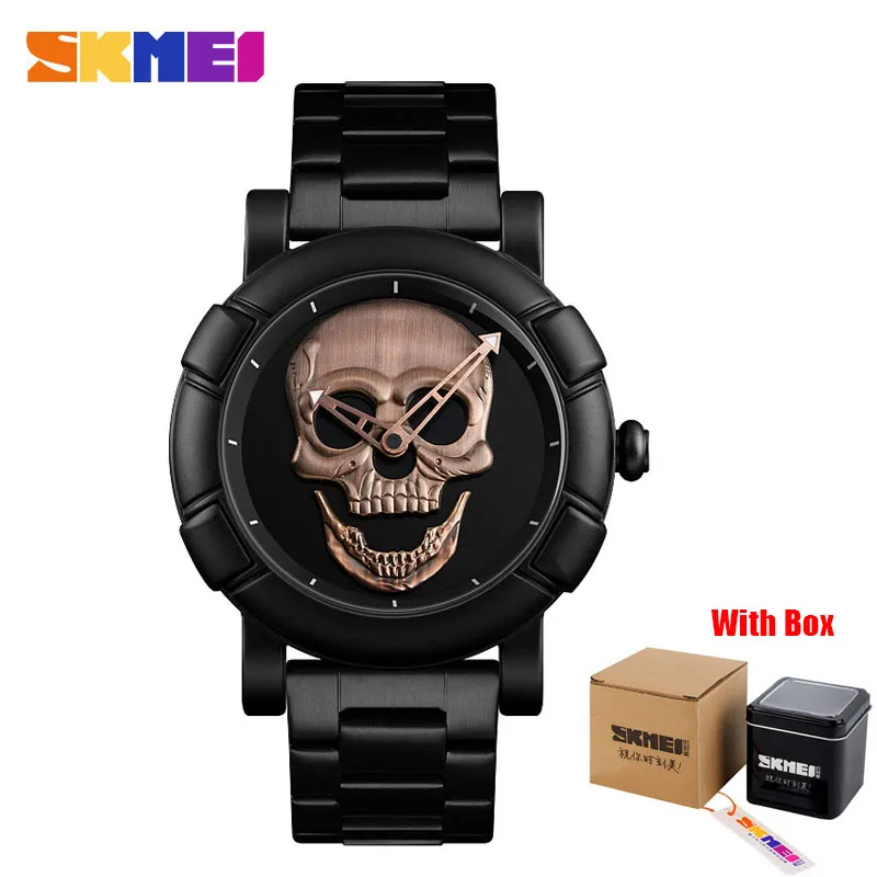 Rose Gold With box SKMEI Skull часы мужские часы люксовый бренд кварцевые часы спортивные водонепроницаемые из нержавеющей стали мужские Wristatch Reloj военные часы 9178 - Цвет: Rose Gold With box