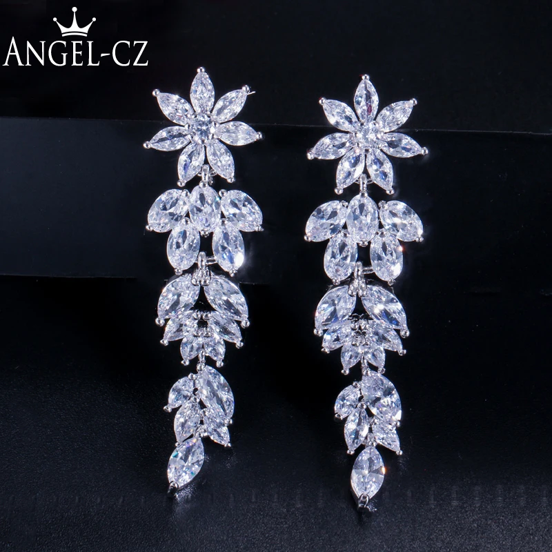 Роскошные свадебные длинные висячие серьги ANGELCZ с цветком кубическим цирконием и