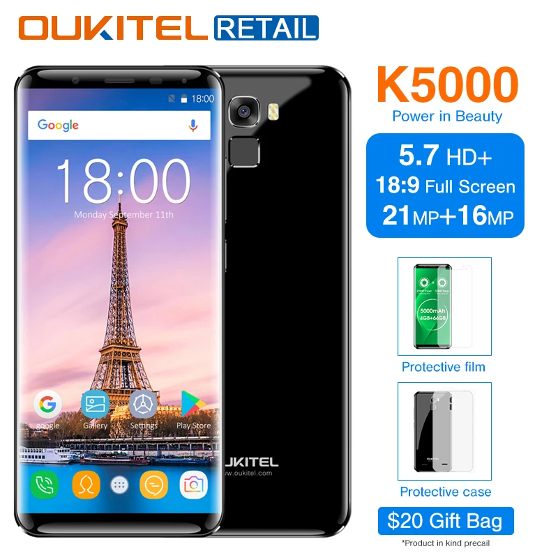 Oukitel K5000 5 7 &quotHD + 18:9 Дисплей mtk6750 восемь ядер мобильного телефона Android 0 4 ГБ 64 21MP 5000