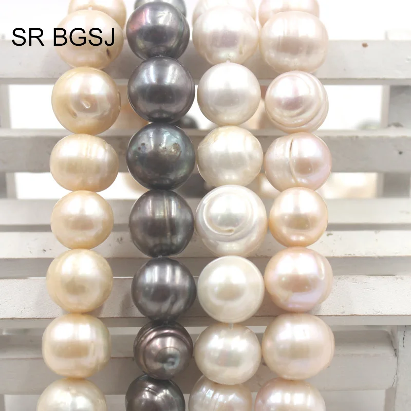 Free Shipping 11 14mm Black White Pink Purple Gray Nearly Round Natural Freshwater Pearl Beads String 15&quot|Бусины| |