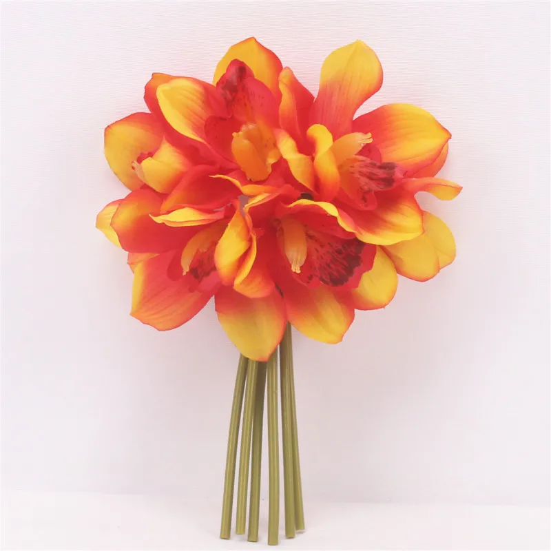 Настоящее прикосновение cymbidium 6 головок короткая съемка украшение стола цветок DIY Свадебные невесты ручной цветы домашний декор искусственная Орхидея - Цвет: Оранжевый