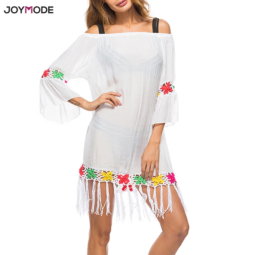 

Женская пикантная Пляжная накидка JOYMODE, парео, винтажная купальная одежда с кисточками, туника с открытыми плечами, Пляжное платье, пляжная ...