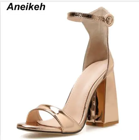 champagne Aneikeh/лето г. классические искусственные женские сандалии однотонное платье на высоком квадратном каблуке с круглым носком и ремешком с пряжкой цвет шампанского, Size35-42 - Цвет: champagne