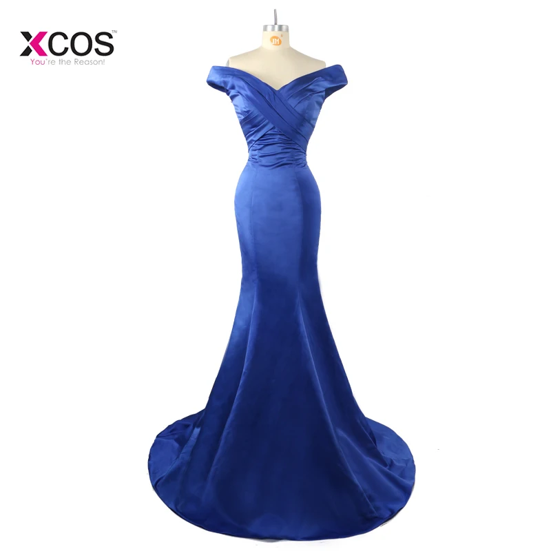 Русалка с открытыми плечами длинное свадебное платье V шеи Синий Атлас 2018 длина