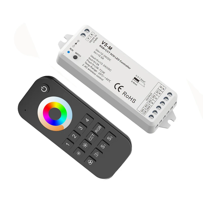 Новая светодиодная RGB+ CCT светодиодные ленты контроллер 2,4 г RF пульт дистанционного управления Беспроводной 3A* 5CH Выход DC12V-24V 4 зоны RGB CCT Светодиодная лента контроллер V5+ RT10