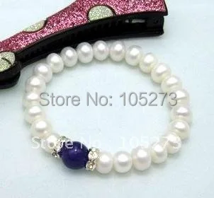 

Pearl Jewelry White Genuine Freshwater Pearl & Blue Lapis Zircon Beads 7.5inch Nice Girl's Women's Jewelry New Free Shipping
