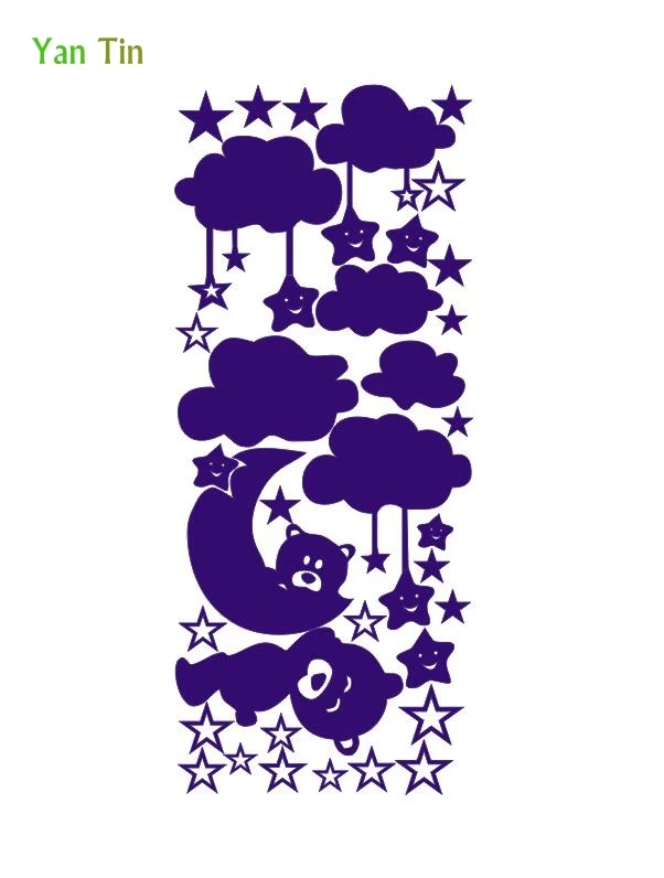 Purple Мультфильм прекрасные звезды медведь на Луне Наклейка Настенная «облака» Домашний Декор Спальня дети детские комнаты постер для детской комнаты Съемный DIY художественная роспись - Цвет: Purple
