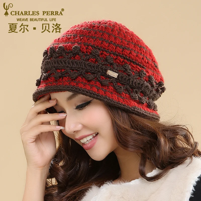 

Charles Perra Women Hats Winter Thicken Double Layer Thermal Knitted Hat Elegant Lady Casual Wool Cap Skullies Beanies 3237