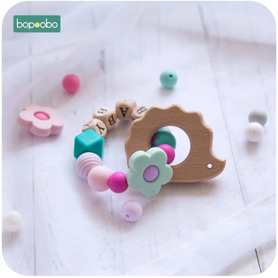 Bopoobo 1 шт. Beech Animal браслет для прорезывающихся зубов персонализированные Индивидуальные Детские имя силиконовые в форме цветка деревянные погремушки милые игрушки "Кролик" кольцо