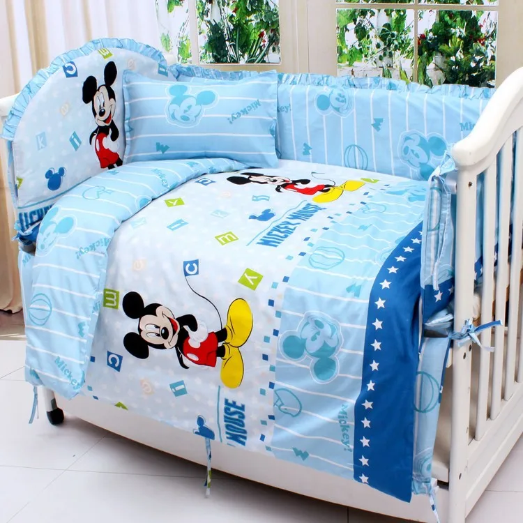 6PCS Cartoon 100% cotton baby cot bumper, pillow baby bedding, cot bedding kit de ber o (3bumpers+matress+pillow+duvet)