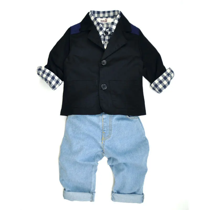 black 220812 AiLe Rabbit/Новые Осенние комплекты одежды для мальчиков, куртка, рубашки, джинсы костюмы из 3 предметов джинсовая одежда в клетку Детское пальто с длинными рукавами, k1 - Цвет: black 220812