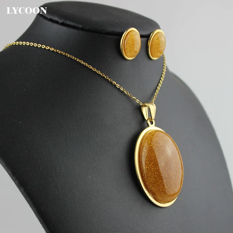LYCOON, подвеска из нержавеющей стали, позолоченный цвет, специальный камень из смолы в форме яйца, ожерелье, серьги, ювелирные наборы для женщин