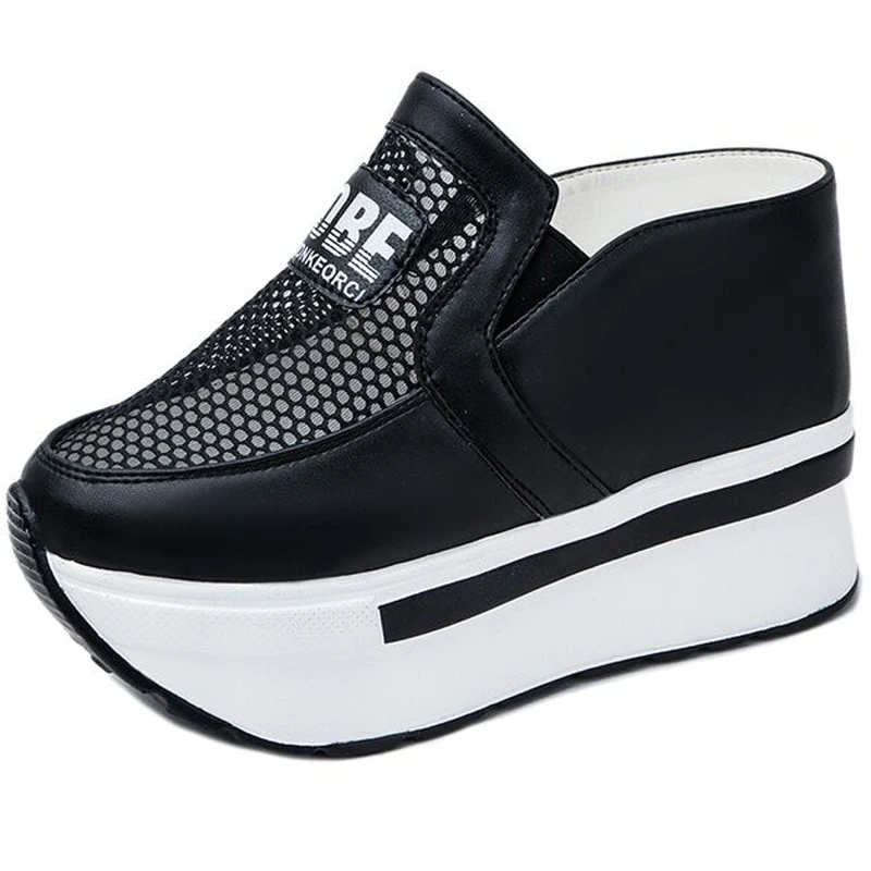 Весенние тапочки без застежки из сетчатой пряжи на танкетке увеличивающие рост