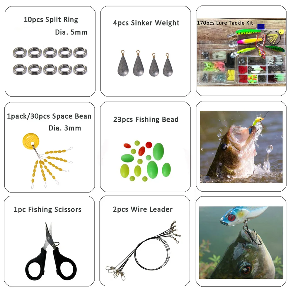 

170Pcs/Box Fishing Lures Kit With Fishing Hooks Crankbait Minnow Topwater Frog Hard Lure Jig Spoon Shrimp Plastic Worm Lure