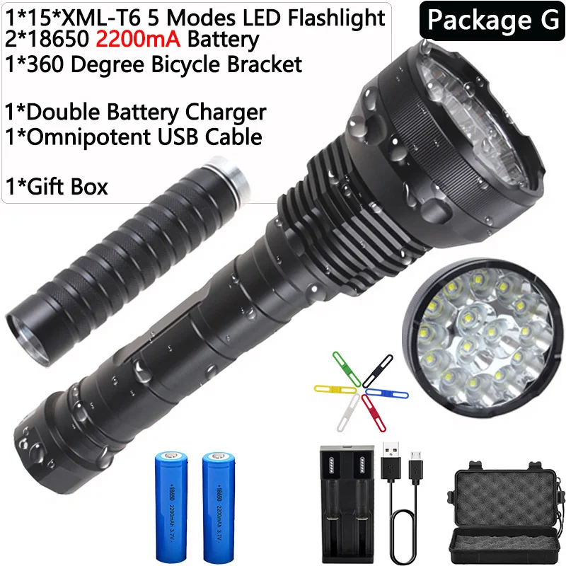 Package G Самый мощный 15 x XM-T6 XHP50 светодиодный фонарик 8800mA Батарея 5 режимов светодиодный налобный фонарь светодиодный linternas фонарь Водонепроницаемый 18650 26650 - Испускаемый цвет: Package G