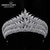 himstory micro paved full cubic zircon tiara crown luxury peacock leaf crown wedding hair accessories bride cz hairband
