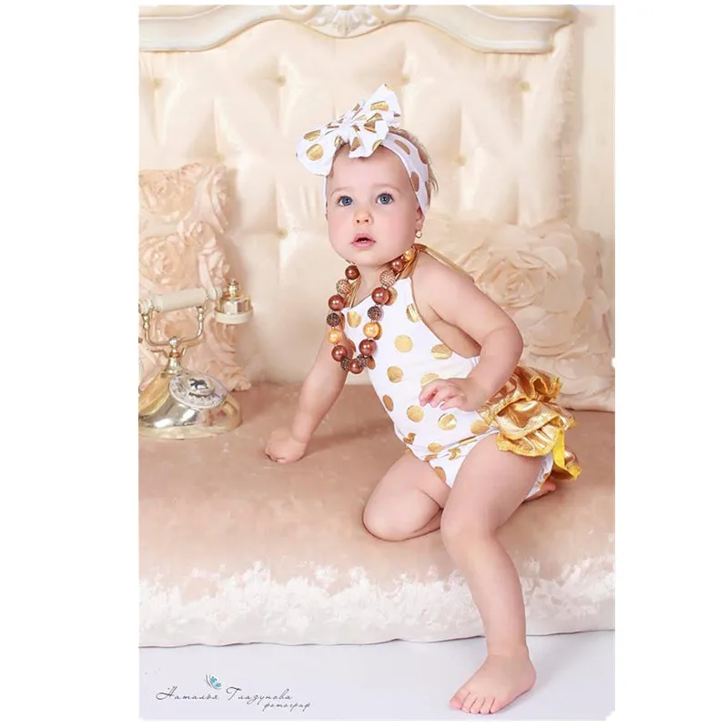 Летний комбинезон для 0 2 лет с подтяжками и золотым узором в горошек повязка на