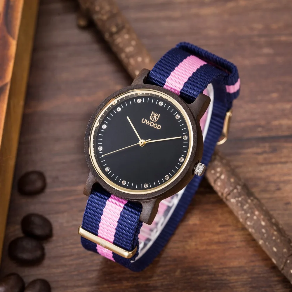 

Hot Selling Women`s Wooden Wristwatch Womens New Fashion Nylon Strap Bamboo wood Watches diamond For Women bracelet Unique gifts