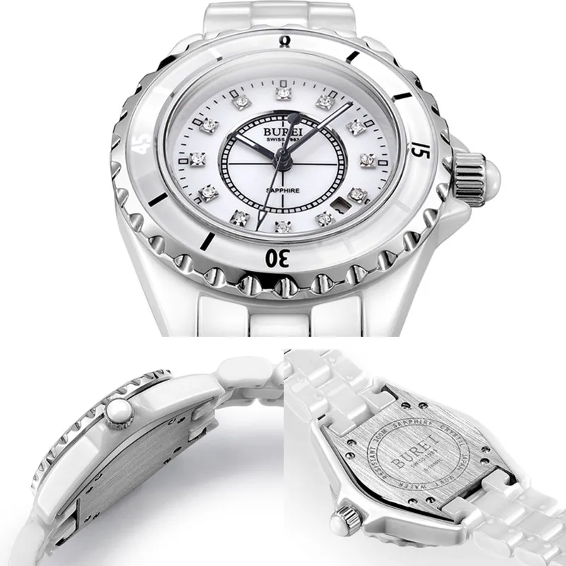 Часы женские Кварцевые водонепроницаемые с керамическим браслетом и календарем