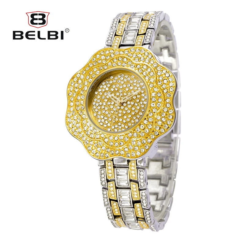 BELBI Модные женские Для женщин золотые часы 2018 Нержавеющая сталь горный хрусталь