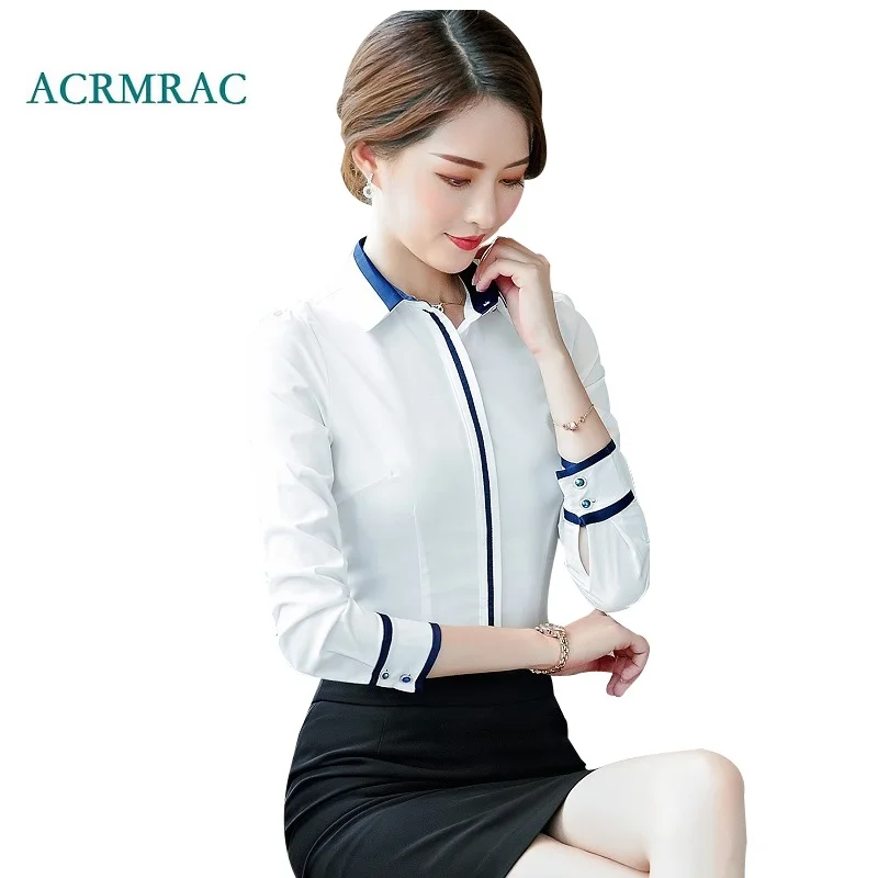 ACRMRAC New Women shirt Spring and autumn summer Long sleeve Solid color Blue collar Patchwork Slim Business OL Formal Blouses