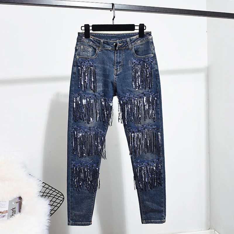 Женский джинсовый костюм с бисером и блестками модные комплекты для женщин